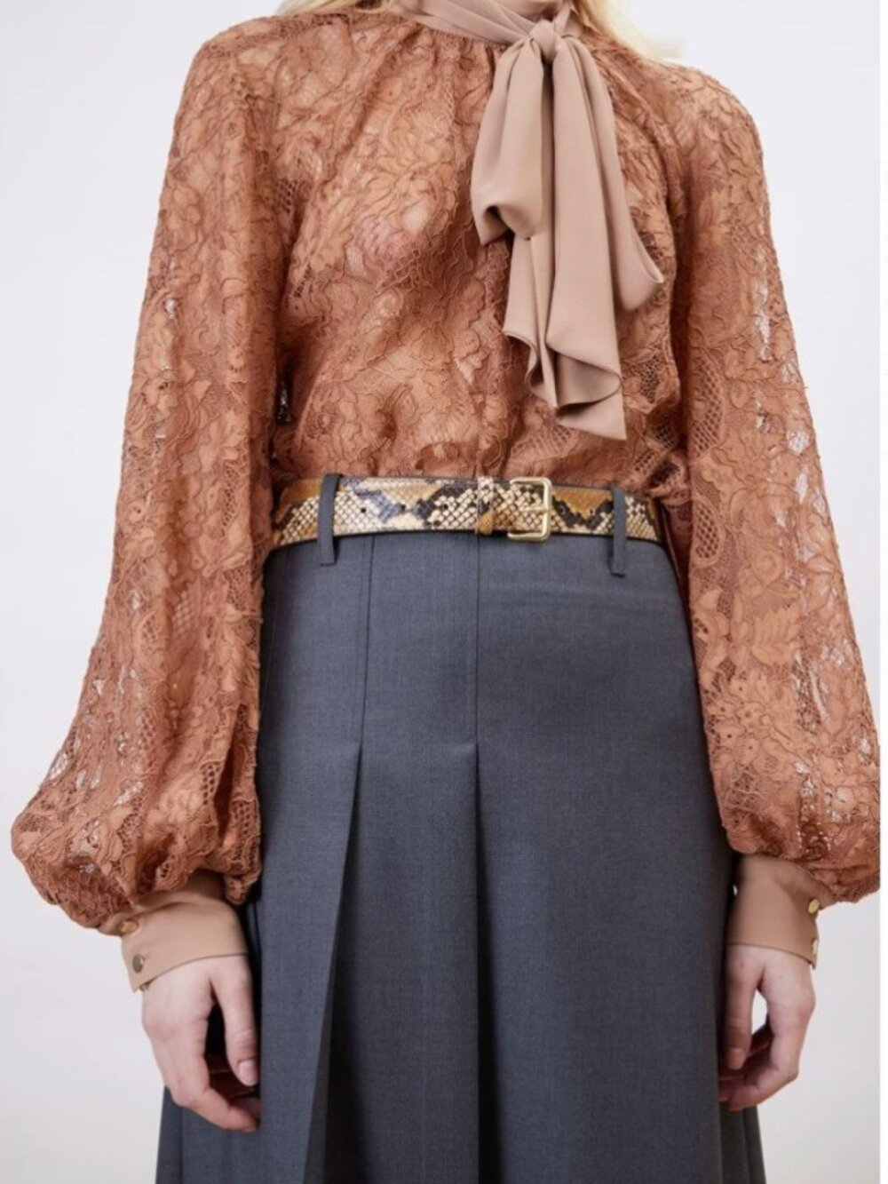 CO|TE Brown Shirt Striped Lace Detail Bow Blouse